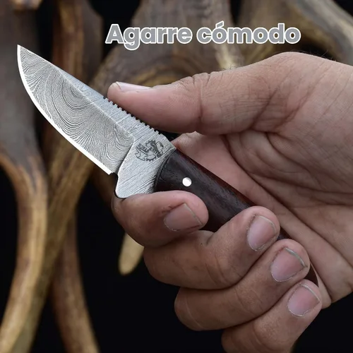 Vista 6 de Knives Ranch Cuchillo EDC hecho a mano de acero de Damasco de 5.5 pulgadas, hoja fija de espiga completa, mango de palisandro, funda de cuero