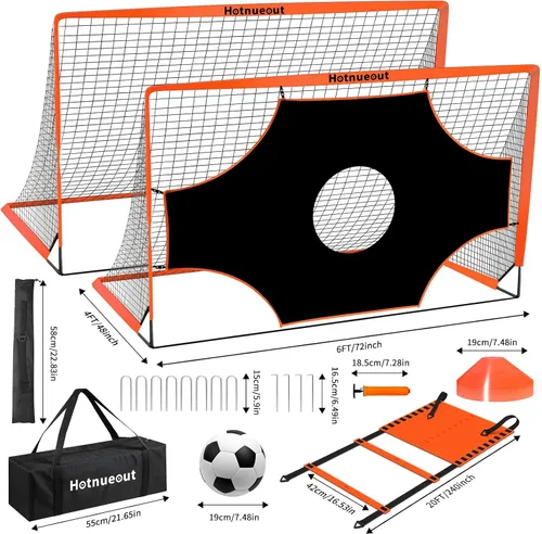 Vista 2 de Paquete de 2 porterías de fútbol portátiles de 6 x 4 pies para niños, juego de red de fútbol juvenil desplegable con pelota, conos y escalera