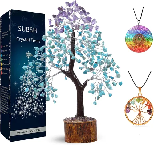 Vista 10 de Árbol de la vida de cristal amatista de 10-12 pulgadas con 2 colgantes de chakra – Bonsái de cristal sanador, árbol del dinero para energía