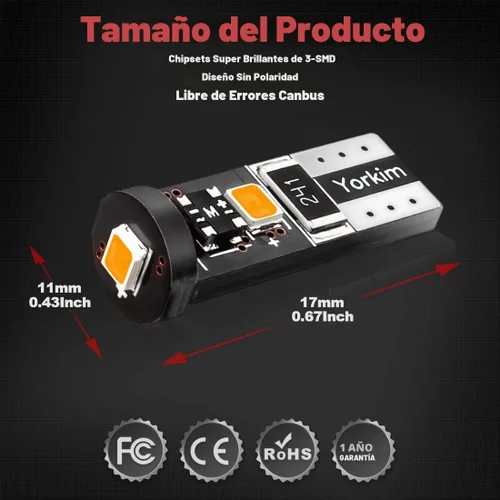 Vista 2 de Yorkim - Bombilla LED 194 ámbar, libre de error Canbus, 3-SMD 2835, T10 ámbar para interior, para luz de techo, mapa, puerta, cortesía, matrícula