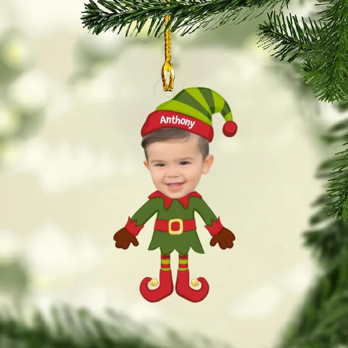 Vista 26 de Adorno personalizado de primera Navidad del bebé con carga de foto, decoración plana colgante de cara de recién nacido para árbol navideño, lindo