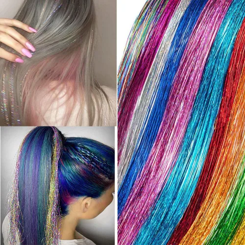 Vista 5 de 10 unids/set de extensiones de pelo de oropel con clip, multicolores con purpurina, mechones de pelo de hadas para mujeres bronce