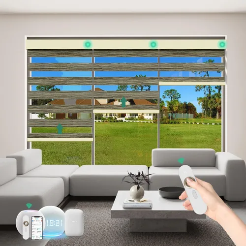 Vista 25 de Persianas motorizadas de cebra con control remoto [doble capa + filtro de luz] Persianas inteligentes 60% opacas para ventanas interiores