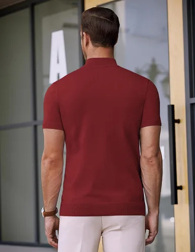 Vista 2 de COOFANDY Suéter de cuello alto falso para hombre, de manga corta, color sólido, básico, ajustado, de punto