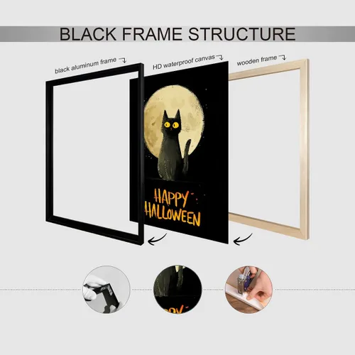 Vista 3 de Bonito arte de pared de gato negro de Halloween, divertido póster de lienzo de luna llena con ojos amarillos y cita de Feliz Halloween