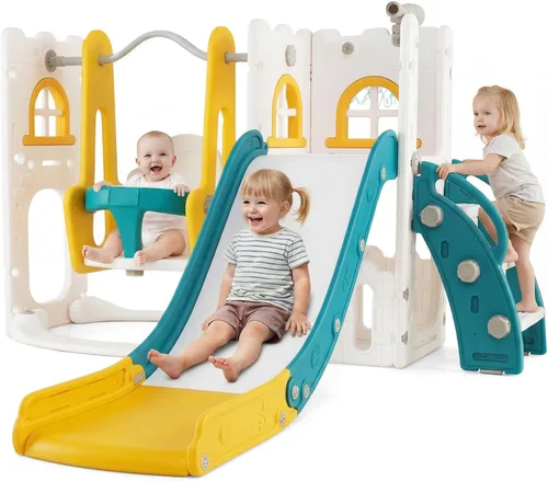 Vista 14 de OLAKIDS Tobogán para niños pequeños, 6 en 1 para interiores y exteriores, con aro de baloncesto, telescopio, almacenamiento de juguetes para niños