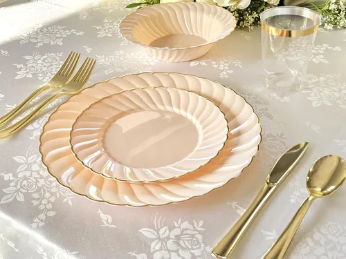Vista 9 de Ocassions - Vajilla de 50-150-200 piezas para 25 invitados, color dorado, E1. Blossom Blush/Rosa & Oro
