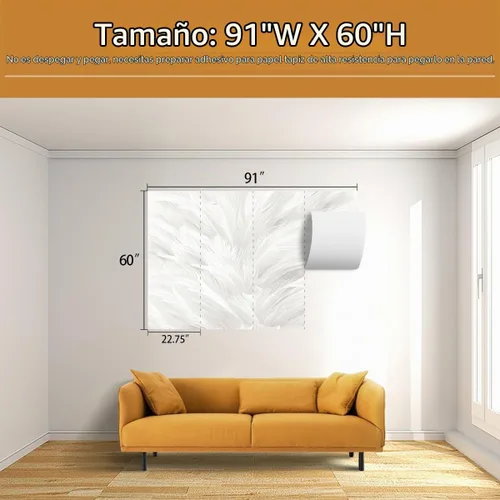 Vista 4 de Mural de Papel Pintado de Plumas Elegante Gris y Blanco para Sala de Estar Dormitorio (No se Pela ni se Pega) No despegar ni pegar