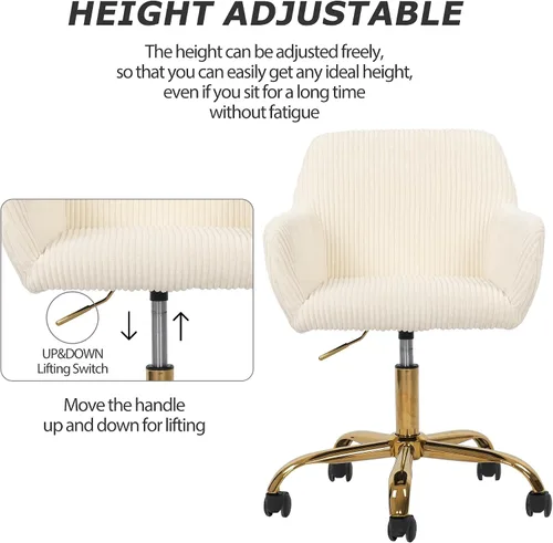 Vista 3 de KCC Silla de Tocador de Maquillaje de Tela de Pana, Sillón Giratorio Esponjoso Moderno con Ruedas, Tapizada Mullida de Altura Ajustable para Niñas