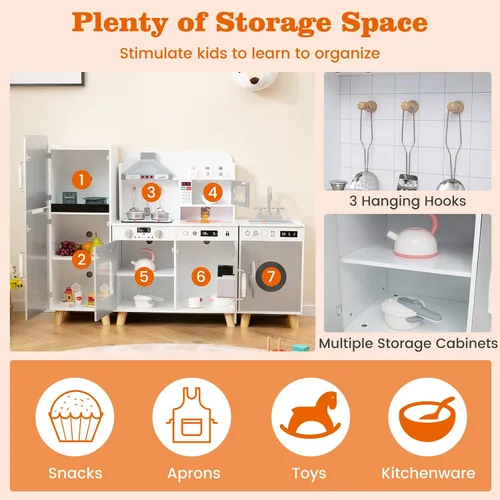Vista 7 de Costzon Cocina de juego de 3 piezas para niños, juego de cocina de juguete de madera con refrigerador, lavadora, campana extractora, máquina