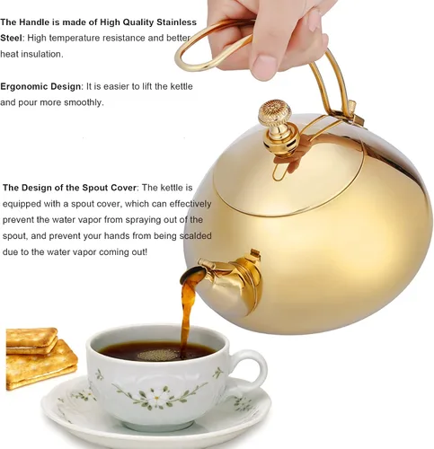 Vista 6 de Hervidor de té de acero inoxidable, cafetera de 1,5 litros, tetera silbante con mango extraíble y colador de malla, para todas las estufas, para té