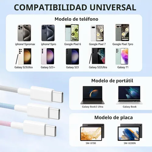 Vista 2 de Cable Carplay de coche para iPhone 17, cable de carga rápida, paquete de 3 unidades de 6 pies 60 W, USB A a USB C, multicolor, cable trenzado