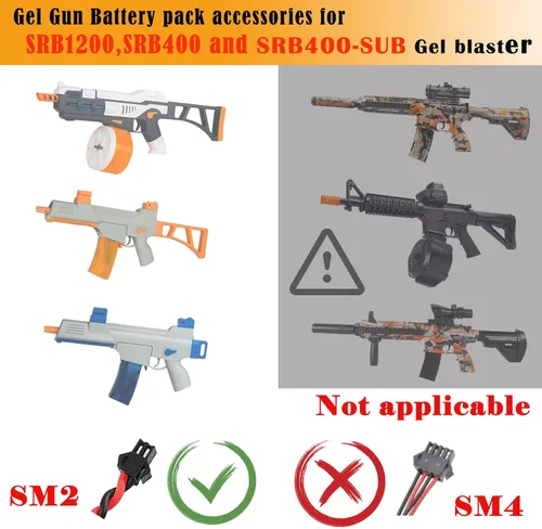 Vista 2 de Paquete de 2 pistolas de bolas de salpicaduras de batería de 7.4 V 2000 mAh, accesorios para SRB1200 400 400-SUB Airsoft o pistola de agua con cable