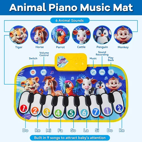 Vista 3 de Tapete de piano de suelo para niños pequeños, alfombrillas musicales con sonidos y canciones de animales, juguetes educativos sensoriales