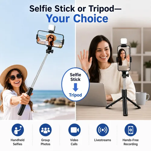 Vista 2 de Acuvar Trípode para selfie stick con control remoto Bluetooth y luz de relleno LED, soporte extensible de 28 pulgadas para iPhone, Samsung
