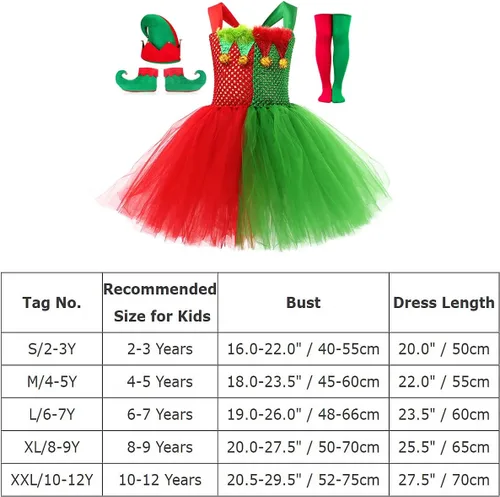 Vista 7 de IBTOM CASTLE Disfraces de elfo para niños, vestido de tul y sombrero verde para niña, ayudante de Papá Noel, sesión de fotos de Navidad