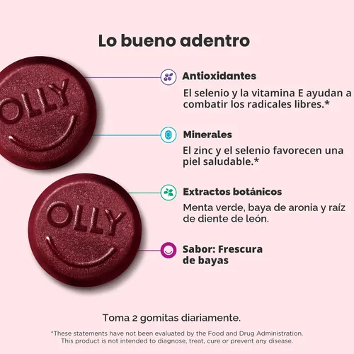 Vista 2 de OLLY Gomita de tez impecable, soporte para una piel clara y saludable, vitaminas E, A, zinc, suplemento masticable, sabor bayas, 50 piezas