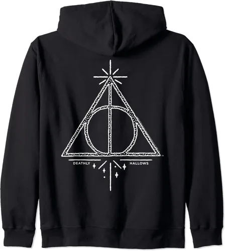 Vista 2 de Harry Potter Deathly Hallows Line Art - Sudadera con capucha con cremallera frontal y trasera Negro S