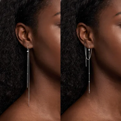 Vista 2 de SLUYNZ 925 Sterling Silver Star Long Dangle Earrings Chain for Women Teens Line Dangle Earrings Tassel Threader Chain plata de ley A