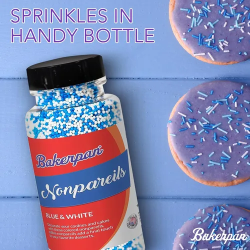 Vista 6 de Bakerpan Gránulos Jimmies azules y blancos - 4.3 onzas de gránulos para decorar pasteles - Gránulos azules comestibles para magdalenas, helados
