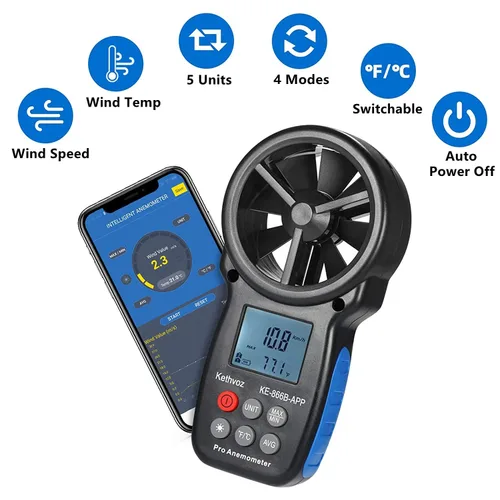 Vista 2 de Anemómetro digital Bluetooth, medidor de velocidad de viento de mano Kethvoz con registrador de datos, velocidad de flujo de aire de 0.3 ~ 98.4 ft/s