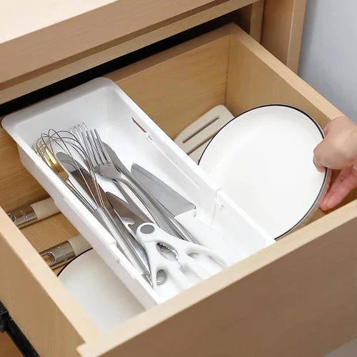 Vista 8 de Paquete de 1 Organizadores de Cajones Profundos, Organizador de Cajón Deslizante Expandible y Ajustable para Utensilios de Cocina, Toallas