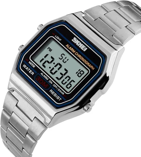 Vista 2 de PASOY - Reloj digital de acero inoxidable con retroiluminación, multifunción, cronómetro, resistente al agua, para hombre