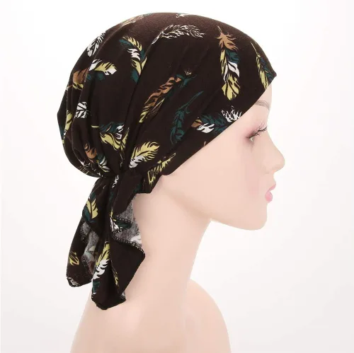 Vista 5 de Gorro de turbante de sueño con estampado de algodón elástico para mujer, bufanda de quimioterapia para pérdida de cabello con cáncer