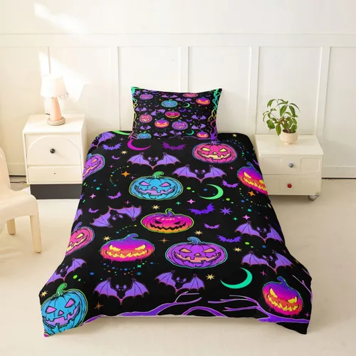 Vista 27 de Juego de ropa de cama de Halloween, funda de edredón gótica de murciélagos negros con telarañas, funda de edredón individual, diseño de arañas