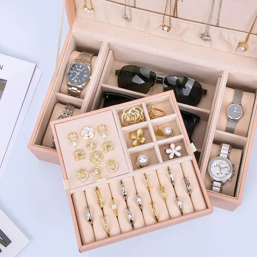 Vista 3 de LANDICI Joyero organizador para mujeres y niñas, caja grande de 2 capas para reloj con bandeja extraíble, soporte de almacenamiento de joyas de piel