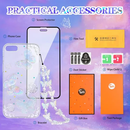 Vista 6 de Funda 3 en 1 para iPhone SE/7/8: diseño de mariposa 3D, purpurina, brillante, cristal, estilo lindo femenino, cadena y protector de pantalla