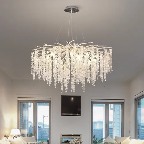 Vista 14 de Candelabro de Cristal Rama de Árbol Dorado Gota de Lluvia Redonda Lámpara Colgante con Borla Luminaria de Techo Colgante para Dormitorio Sala