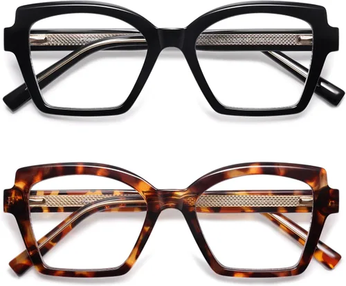 Vista 10 de AMOMOMA Paquete de 2 lentes de lectura modernos con diseño de ojo de gato para mujeres y hombres, elegantes lentes cuadrados con bloqueo de luz azul