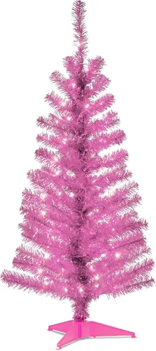 Vista 8 de árbol de Navidad, de 4 pies, con hojas de espumillón azules, soporte plástico y 70 luces claras (TT33-304-40), de National Tree