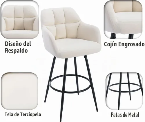 Vista 4 de ROCITY Juego de 2 taburetes de bar de terciopelo con respaldo, silla de bar beige para isla de cocina, taburetes de bar modernos con patas de metal