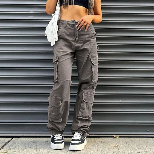 Vista 6 de Pantalones cargo de tiro bajo para mujer, pantalones de paracaídas holgados Y2K, ropa de calle, pantalones sueltos de cintura alta, pantalones