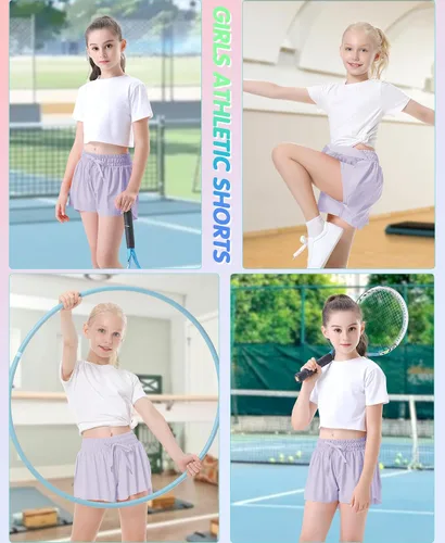 Vista 5 de QooNoo Pantalones cortos de mariposa para niñas con bolsillo, pantalones cortos atléticos fluidos de cintura alta para correr para niños