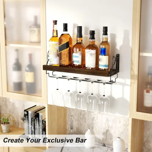 Vista 2 de Love-KANKEI - Estante para vino con colgador de copas, madera maciza, 17 pulgadas, marrón oscuro Wine Glass Rack,Floating Wall Shelf,Easy to