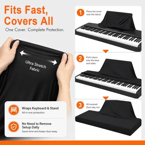 Vista 5 de Funda para teclado de piano de 88 teclas, cobertura completa con cordón elástico y bloqueo ABS, ajuste universal para pianos digitales de 88 teclas