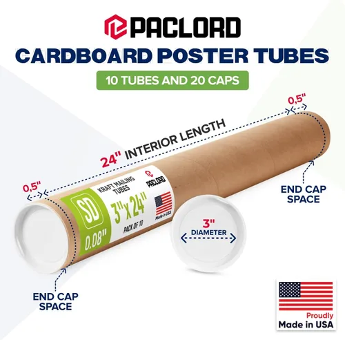 Vista 2 de Tubos de correo de papel kraft reforzado de 3 x 24 pulgadas, paquete de 10 tubos con 2 tapas cada uno – Tubo de cartón aprobado por USPS – Tubo