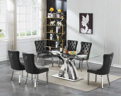 Vista 25 de Juego de mesa de comedor de cristal plateado moderno de 70 pulgadas para 4, juego de mesa de comedor rectangular de 5 piezas con patas de acero