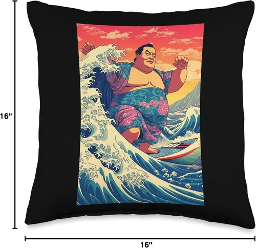 Vista 4 de Funny Wave Sumo Surfer Japanese Designs Funny Sumo Wrestler Surfing on Kanagawa Wave - Almohada de 16 x 16 pulgadas, multicolor