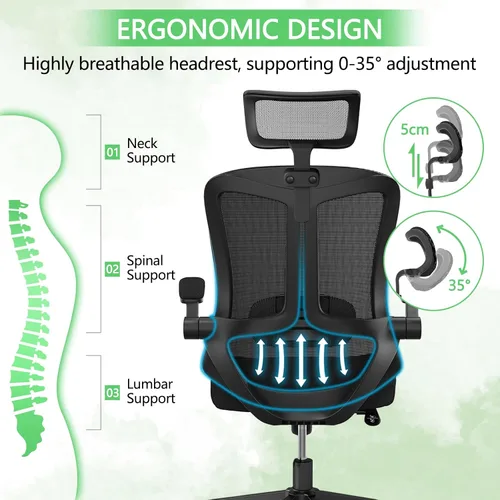 Vista 5 de Silla de oficina de malla, ergonómica con soporte lumbar, color negro, estilo moderno, respaldo de malla, bloqueo de inclinación de 90-135