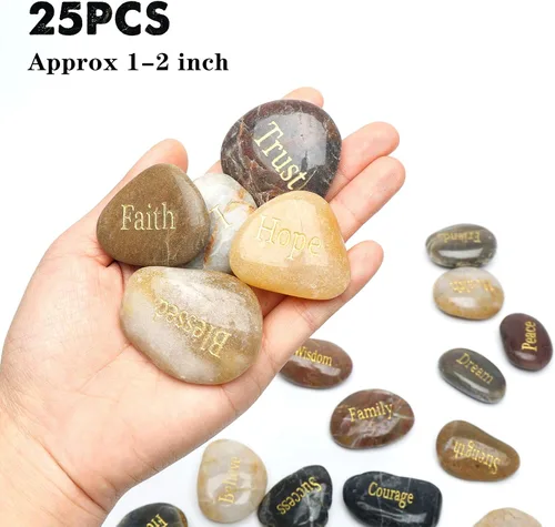 Vista 2 de BigOtters 25 piedras inspiradoras - Piedras de aliento con palabras grabadas para meditación, decoración de oficina en casa y cumpleaños, regalos