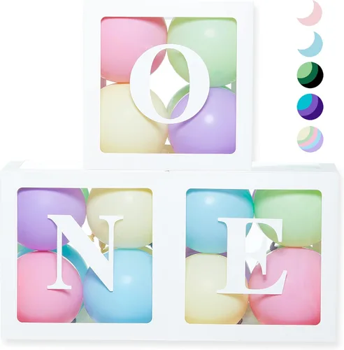 Vista 10 de Cajas de Globos de Primer Cumpleaños 'ONE' para 1 Año CON 24 Globos - Decoraciones de Primer Cumpleaños para Bebé Bloques de Cubo Transparente