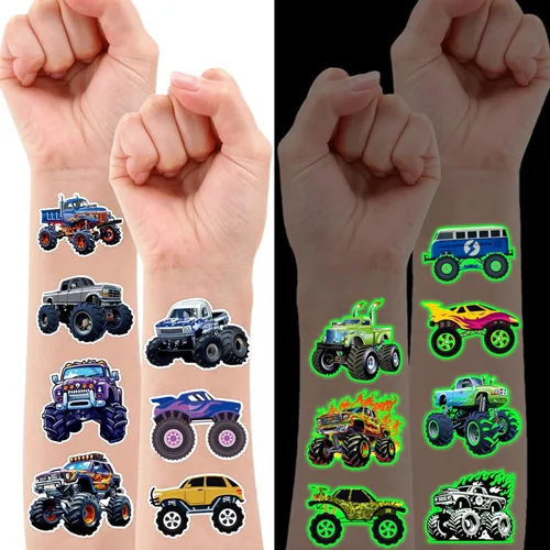Vista 2 de 96 tatuajes temporales precortados de Monster Truck para niños, suministros para fiestas de cumpleaños, recuerdos y decoraciones súper lindos