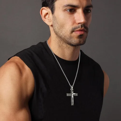 Vista 3 de Hzman - Collar con pendiente para rezo de crucifijo de Jesucristo, de acero inoxidable, para hombres