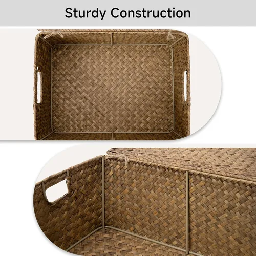 Vista 5 de StorageWorks Canastas de mimbre con tapa para organizar, canastas de almacenamiento de hierbas marinas para estantes, caja decorativa con asas