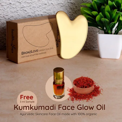 Vista 5 de HealthAndYoga™ Ayurveda BronzLove Kansa Gua Sha Herramienta de masaje con aceite facial de belleza, escultura de tejido suave para cara y cuello