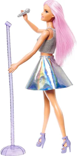 Vista 5 de Barbie Careers Muñeca de Moda y Accesorio, Estrella Pop con Cabello Rosa y Ojos Marrones Vistiendo Falda Iridiscente con Micrófono